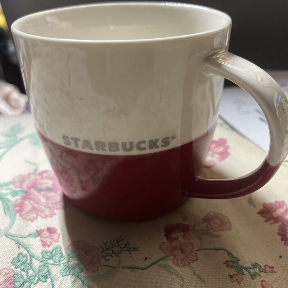 2011 Starbucks Coffee Mug Cup Red & White Silver Logo Bone China 16 oz